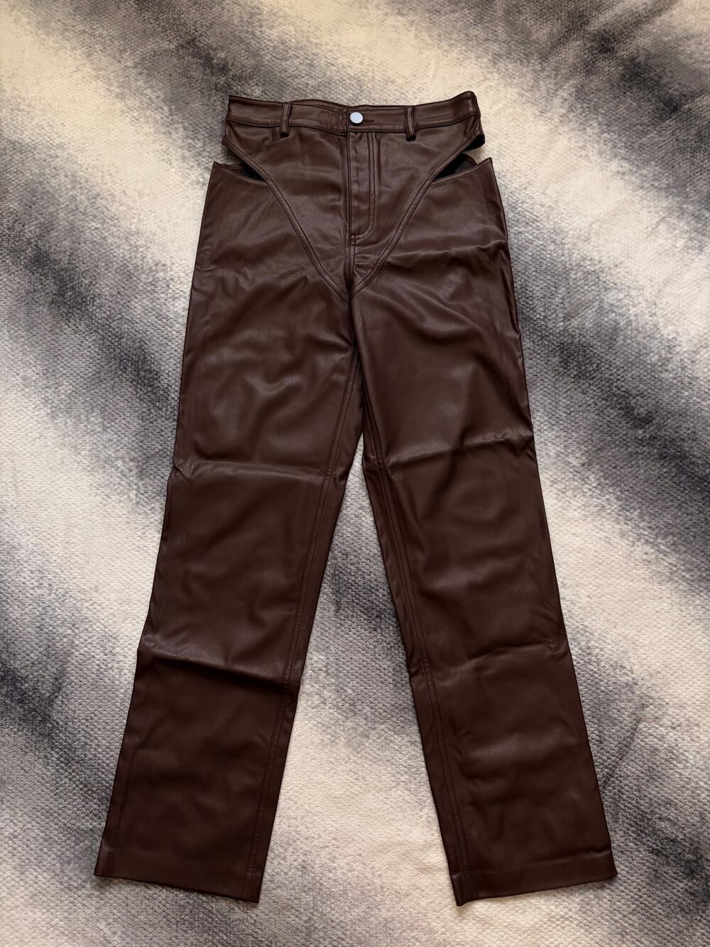 h:ours Melody Dark Brown Faux Leather V Hip Cutout Straight Leg Pants Medium
